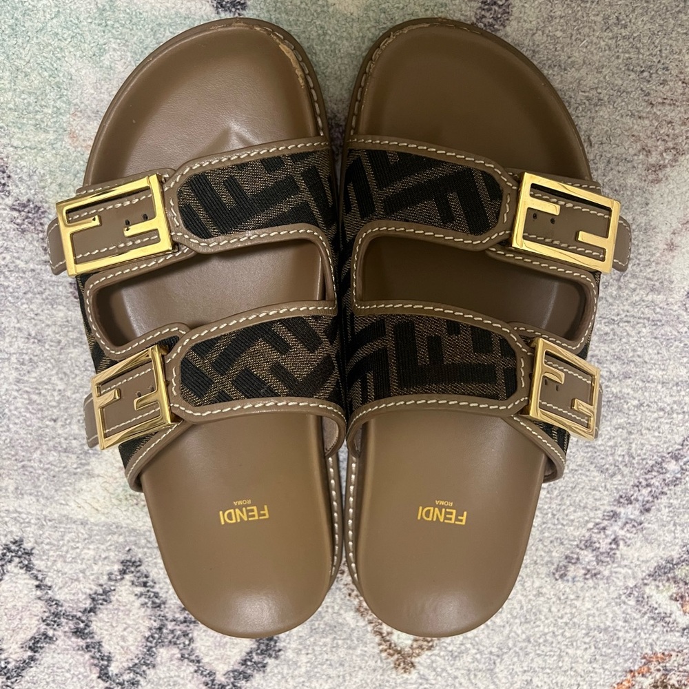 Fendi Brown Slides with Gold Buckles